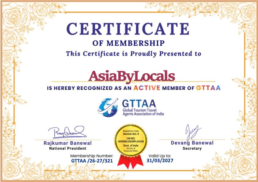 GTTAA Certificate of Membership - AsiaByLocals - Global Tourism Travel Agents Association of India - Active Member - Valid until 2027